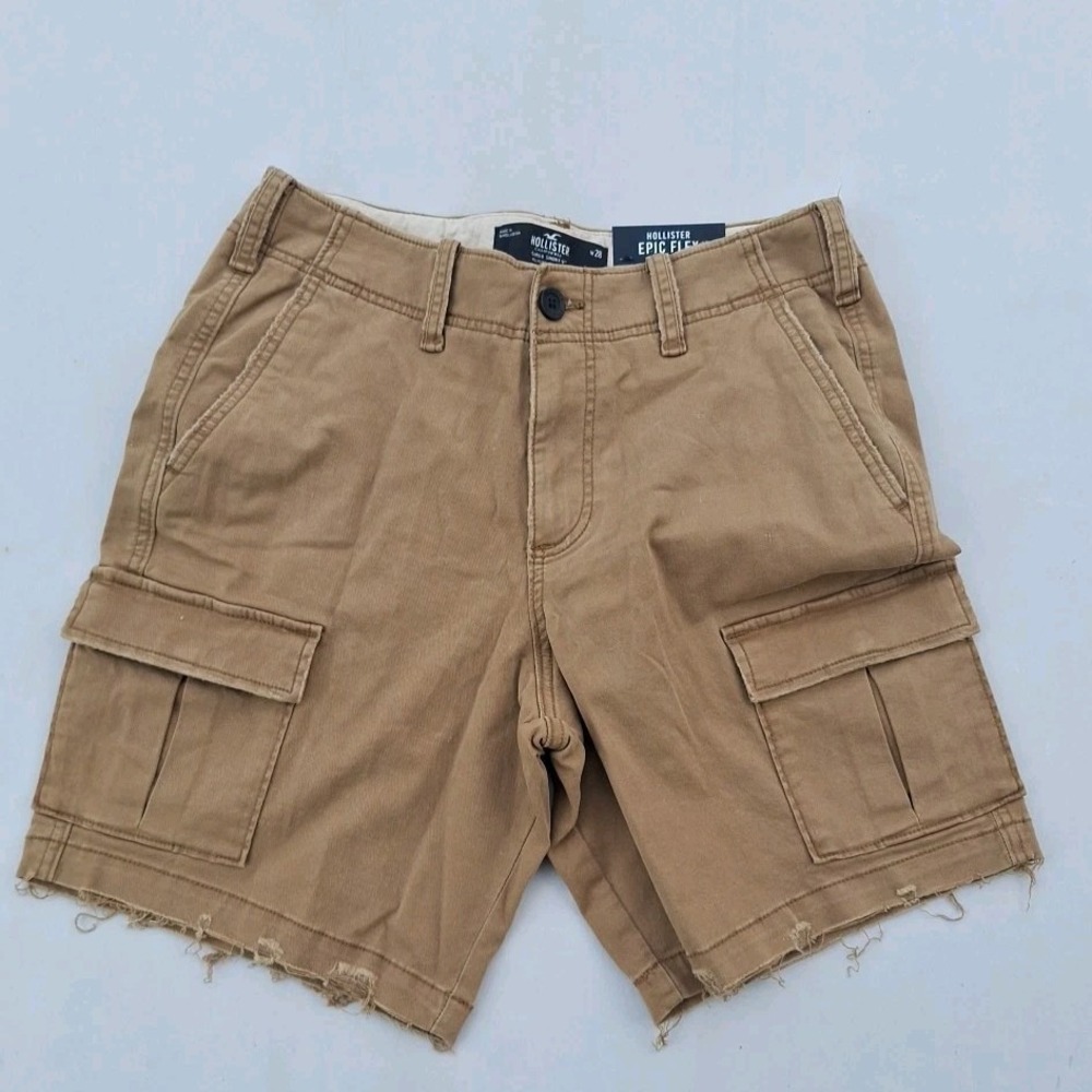 Hollister Mens Epic Flex 9" Cargo Shorts Khaki SZ 28 Distressed‎ NWT Preppy